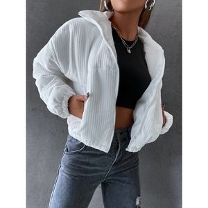 zip up stand collar corduroy knit quilted puffer jacket white